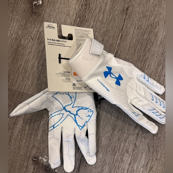 Men's UA F9 Nitro LE Football Gloves Colors: White / Distant Gray / Capri - 100 - Picture 6 of 8